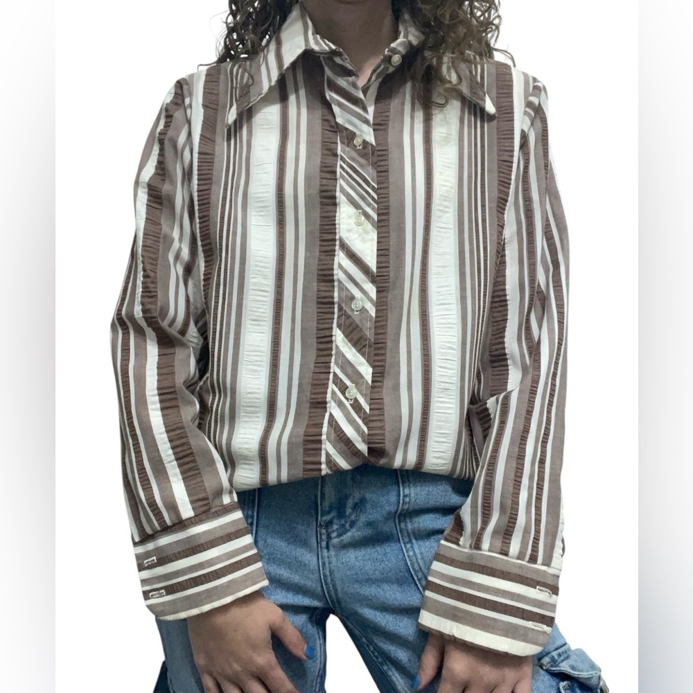 Vintage Cos Cob Brown and White Striped Button Down Blouse Western Womens M